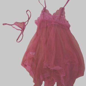 women's sexy underwear sexy temptation lace mesh babydoll & panty set Hot Pink S